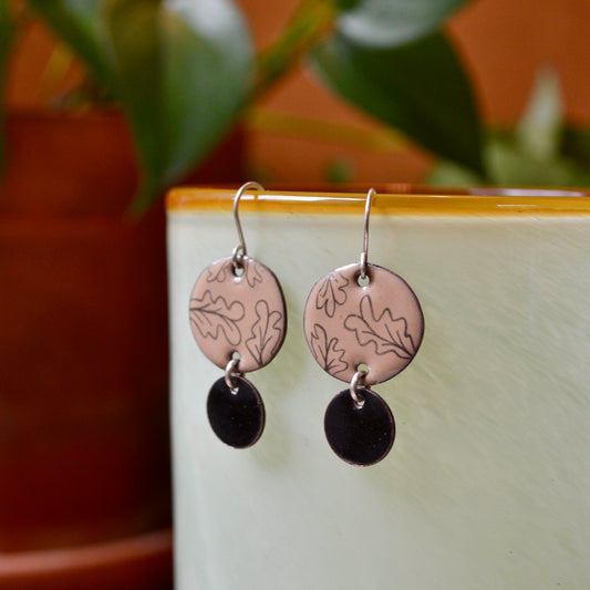 Nut Brown and Black Enamel Leaf 'Doodle' Earrings