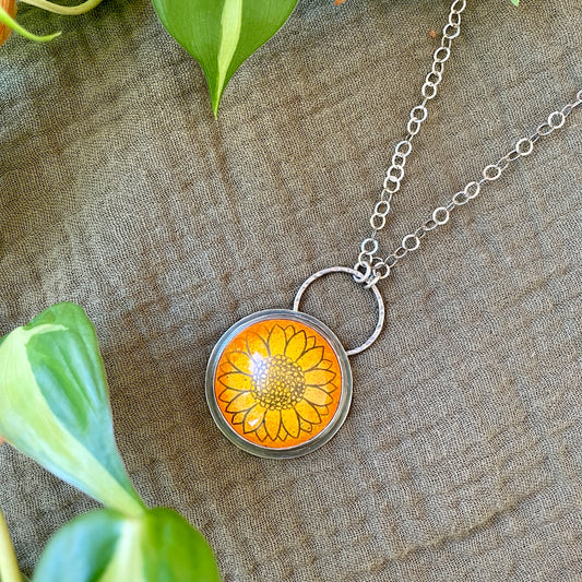 Yellow and Orange Enamel Sunflower 'Doodle' Cabochon Necklace
