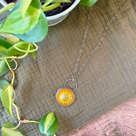 Yellow and Orange Enamel Sunflower 'Doodle' Cabochon Necklace
